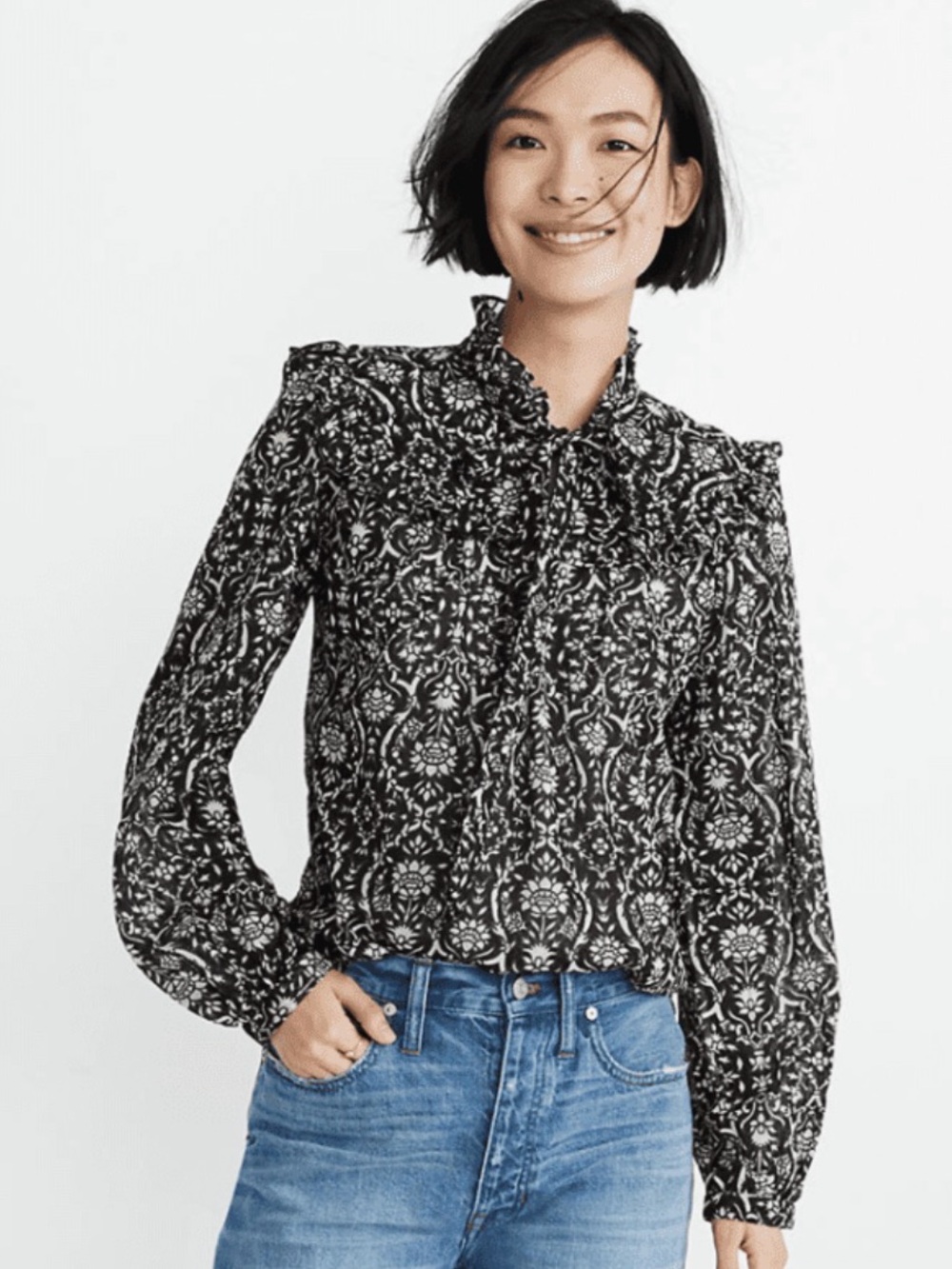 Tie-Neck Ruffle Top in Floral, Banjanan Bethany